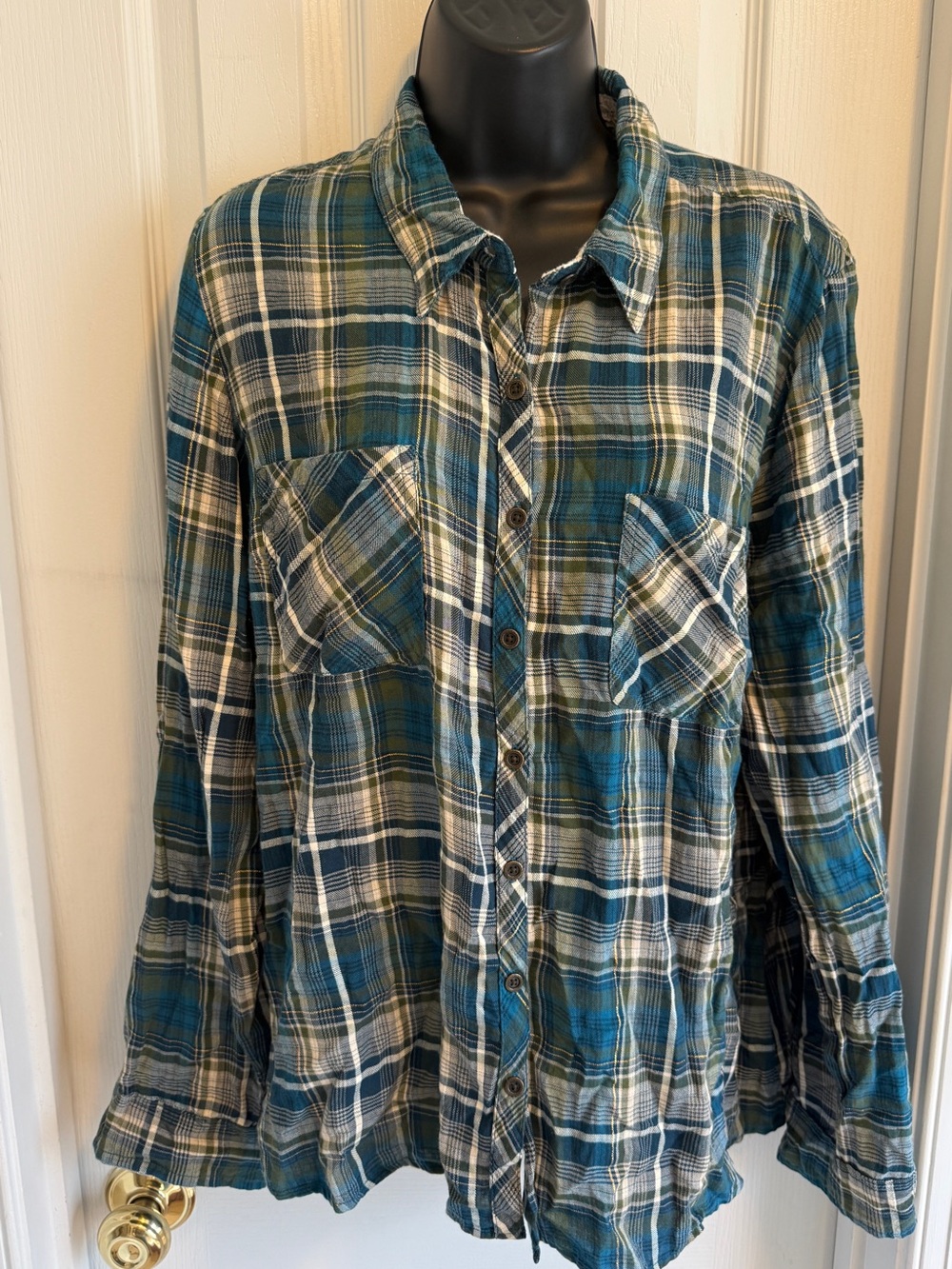 Classic Blue/Green & Shimmer Gold Plaid Button-Up Shirt